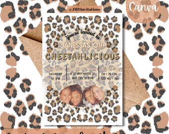 Invitación de cumpleaños con diseño de guepardo: Plantilla editable de Canva (descarga digital de 5x7 pulgadas)
