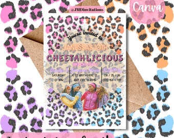 Invitación de cumpleaños con estampado de guepardo: Plantilla editable de Canva (5x7 pulgadas, descarga digital)