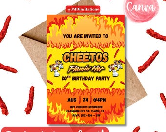 Invitación de cumpleaños de Hot Cheetos: (Plantilla digital de Canva de 5x7 pulgadas para descarga)