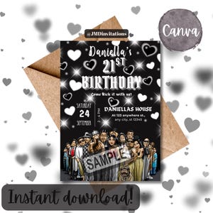 Könnte beinhalten: Eine schwarz-weiße Geburtstagseinladung mit dem Text "Daniella's 21st Birthday". Die Einladung enthält Datum, Uhrzeit und Ort. Am unteren Rand ist eine Gruppe von Personen abgebildet. Die Worte "Instant download!" stehen unten.