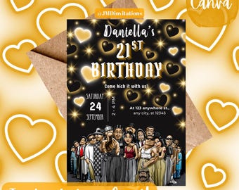 Invitación de cumpleaños estilo Chola Y2K: temática de los años 2000, color dorado (descarga digital, 5x7 pulgadas, plantilla de Canva)