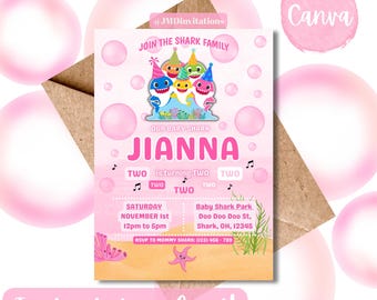 Invitación digital de cumpleaños de Baby Shark (rosa)