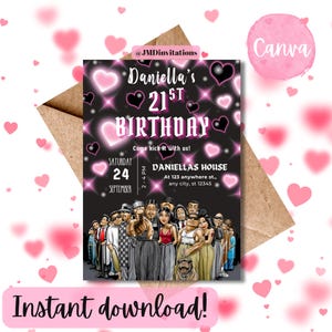 Könnte beinhalten: Eine schwarze und rosa Geburtstagseinladung mit dem Text "Daniella's 21st Birthday". Die Einladung enthält Datum, Uhrzeit und Ort. Die Worte "Instant download!" stehen unten. Das Design zeigt Herzen und eine Gruppe von Menschen.
