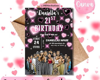 Invitación de cumpleaños estilo Chola Y2K: Corazones rosas, plantilla editable de Canva (5x7 pulgadas, descarga digital)