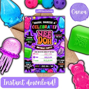May include: A rectangular birthday party invitation card with a purple striped background, featuring the text 'SQUISH, SQUEEZE & CELEBRATE! NEE DOH BIRTHDAY PARTY!' surrounded by colorful graphics of squishy toys like bears, jellyfish, and cubes.