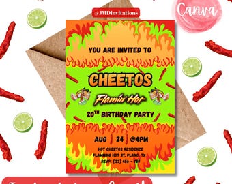 Invitación de cumpleaños con sabor a Hot Cheetos Limón: (Plantilla digital de Canva de 5x7 pulgadas para descarga)