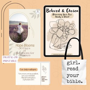 Lot Foi bien-aimée et élue, sac fourre-tout chrétien, étude de la Bible à imprimer, cartes de dévotion et d'affirmation, coffret cadeau Écriture pour femme