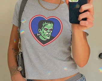 Vintage Frankenstein Monster Graphic Baby Tee, Retro 2000s Horror Tshirt, Y2k Style Tee