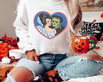 Retro Frankenstein Monster Couple Heart Sweatshirt, Vintage Horror Sweatshirt
