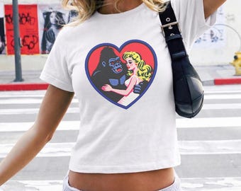 Retro Gorilla Graphic Baby Tee, Vintage 2000s King Kong Tshirt, Y2k Style Tee