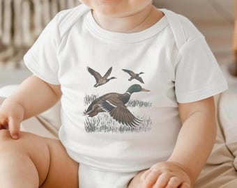 Retro Duck Baby Onesie Bodysuit 90s Graphic Style Vintage Forest Animal Bodysuit Grunge Duck Hunting Baby Outfit for Future Hunter
