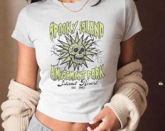 Spooky Island Baby Tee, Retro Halloween Movie Baby Tee, Disco Skull, 90s Nostalgia Halloween