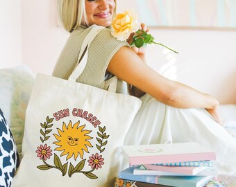 Sun Chaser Cotton Canvas Tote Bag, Eco-Friendly Shopping Bag, Beach Tote, Reusable Grocery Tote, Gift for Nature Lovers