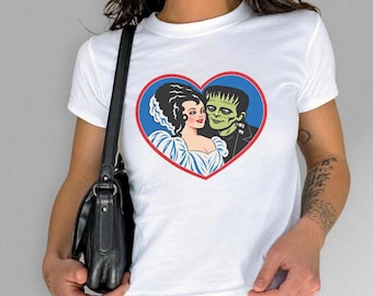 Retro Frankenstein Monster Couple Heart Graphic Tee, Vintage Horror Baby Top