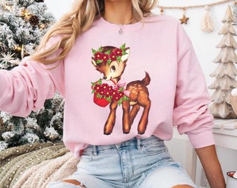 Vintage Christmas Reindeer Sweatshirt, Retro 1950's Christmas Sweater, Christmas Tree Shirt, Retro Christmas Shirt, Christmas Party