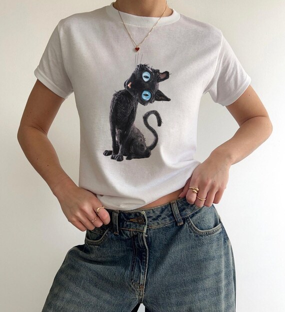 Creepy Doll Cat Baby Tee Gildan 5000b | Creepy Cute Cat Y2K Tee | Spooky Button Eyes Kitty Graphic Shirt | Gothic Cat Horror Unisex T-Shirt