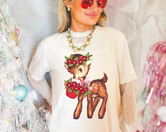 Vintage Christmas Reindeer Shirt, Retro 1950's Christmas Sweater, Christmas Tree Shirt, Retro Christmas Shirt, Christmas Party