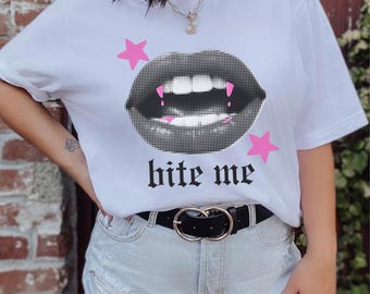 Retro Vampire Bite Me Halloween Y2k Tee Y2k Shirt Vintage Halloween Tee Coquette Tee 90s Tee Shirt Aesthetic shirt