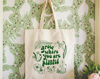 Grow Where You Are Planted Cotton Canvas Tote Bag, Eco-Friendly Bag, Reusable Grocery Tote, Plant Lover Gift, Botanical Tote