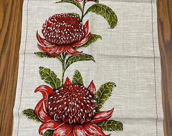 Vintage Linen Attunga Tea Towel, Waratah Australia Souvenir Kitchen Towel