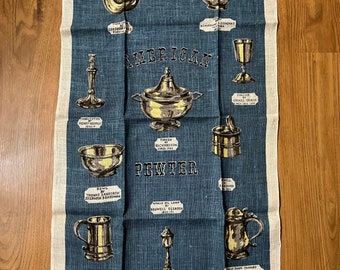 Vintage Linen Pewter Collection Tea Towel, Souvenir Kitchen Towel