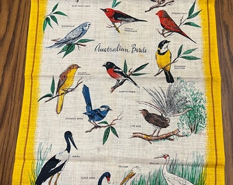 Vintage Linen Heil Tea Towel, Birds of Australia Souvenir Kitchen Towel