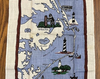 Vintage Linen Tea Towel, Outer Banks of North Carolina Souvenir