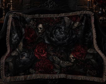 Manta de polilla de la muerte de entomología victoriana, manta gótica botánica de calavera, manta tejida de decoración Dark Academia, manta de calavera de otoño de Halloween