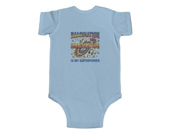 Body de bebé con estampado de cohetes vintage y diseño de superpoderes de la imaginación.