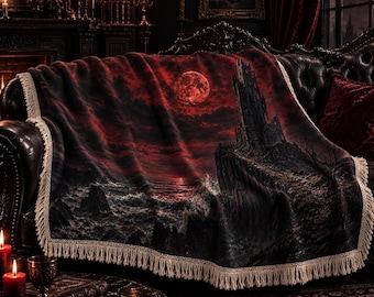 Manta tejida Castillo de Luna de Sangre, Tapiz Océano de Fantasía Oscura, Manta Castillo Embrujado, Decoración de Pared Paisaje Marino Tormentoso, Regalo para el Hogar de Fantasía