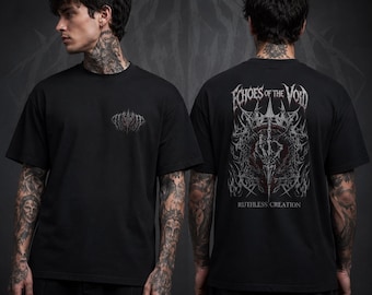 Camiseta Gráfica Oversize de Black Metal "Ecos del Vacío", Camiseta Gótica Streetwear, Camiseta Heavy Metal de Fantasía Oscura, Ropa Unisex