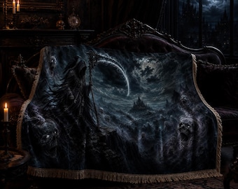 Manta gótica de la Parca, manta de calavera de fantasía oscura, tapiz de cuervo de la Parca, decoración gótica de Halloween para el hogar, manta espeluznante para el sofá, regalo oscuro
