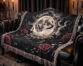 Manta gótica de Halloween, manta de luna llena con murciélagos y rosas, decoración gótica vampírica, manta romántica oscura, decoración otoñal para dormitorio de bruja, regalo para góticos