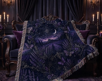 Manta gótica lavanda, manta de mariposa morada, decoración de castillo a la luz de la luna, decoración del hogar estilo academia oscura, regalo celestial de bruja, regalo para ella.