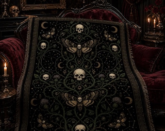 Manta tejida con polilla calavera gótica, manta de polilla de la muerte, manta estilo academia oscura, decoración celestial ocultista, manta botánica de bruja, regalo de Halloween