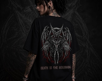 Camiseta Gótica Oversize "La Muerte Es el Comienzo", Camiseta con Gráfico de Demonio, Camiseta Heavy Metal de Fantasía Oscura, Gótica Unisex