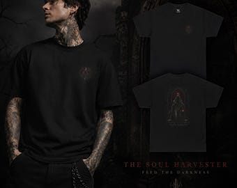 Camiseta gótica de la Parca, camiseta urbana de fantasía oscura, camiseta gráfica de cosechador de almas, ropa gótica de heavy metal, regalo unisex