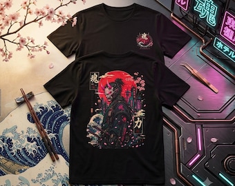 Camiseta gráfica de estilo urbano japonés ciberpunk Neo Tokyo, camiseta con diseño japonés estético Sakura, estampado de samurái enmascarado Oni, camiseta GIF