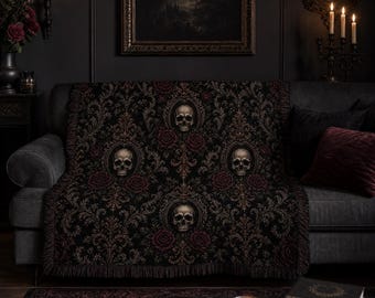 Manta tejida con calavera gótica y rosa, manta decorativa gótica estilo academia oscura para el hogar, manta victoriana con calavera floral para sofá, regalo de Halloween