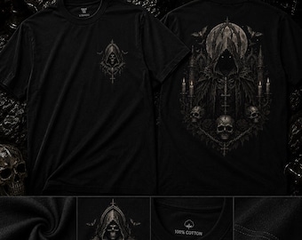 Camiseta Cathedral Reaper, camiseta gráfica con capucha de culto a la muerte, camiseta gótica de clérigo oscuro, ropa urbana de capilla sombría, ropa de catedral oculta, camiseta Gif
