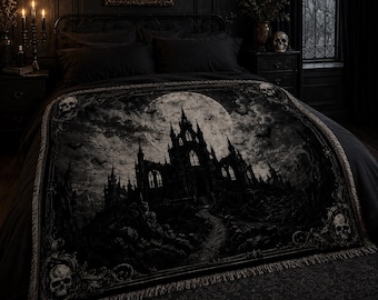 Manta tejida de castillo gótico, manta decorativa gótica oscura, manta de castillo lunar, decoración gótica para el hogar con calaveras, manta de tapiz gótico para regalo de Halloween.