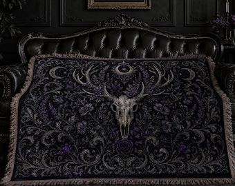 Manta gótica con calaveras, manta con astas de ciervo y flores moradas, decoración para el hogar estilo Dark Academia, ropa de cama gótica de brujas, decoración occidental ocultista, regalo gótico