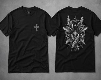Camiseta unisex negra con diseño de alas de ángel y cruz góticas, colección Streetwear Darkwear, camiseta gótica vintage, camiseta Gif Te