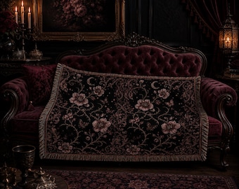 Manta tejida floral estilo Dark Academia, manta decorativa gótica botánica, tapiz lunar celestial, regalo de decoración para el hogar estilo Cottagecore victoriano