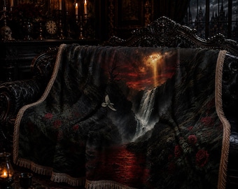 Manta gótica cascada, manta de fantasía oscura, decoración gótica de rosa roja, manta de sofá romántica oscura, tapiz de naturaleza fantástica, regalo de bruja
