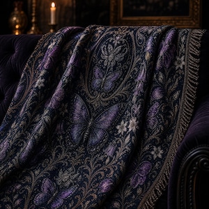 Manta tejida gótica morada con mariposas, decoración mística floral oscura para el hogar, manta tejida de lujo con borlas, regalo estético. imagen 1