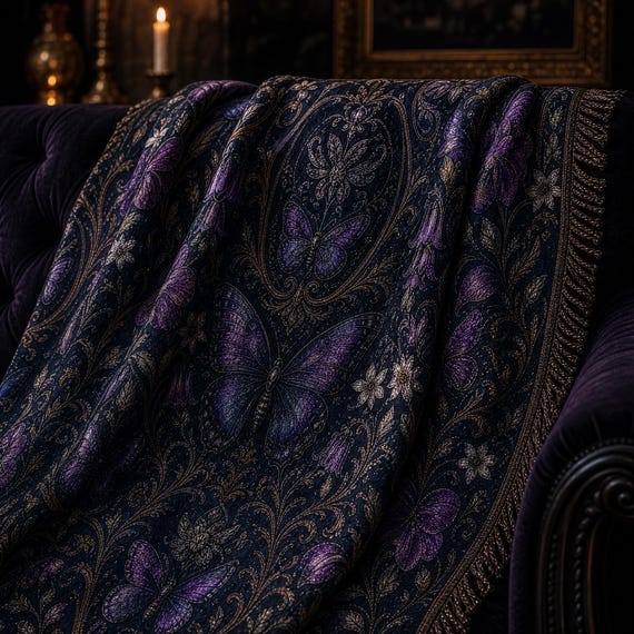 Gothic Purple Butterfly Woven Throw Blanket, Dark Floral Mystic Home Decor, Luxury Woven Blanket with Tassels, Aesthetic Gift
