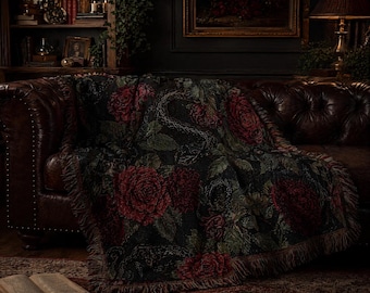 Manta Serpiente Floral Vintage, Decoración Gótica Dark Academia, Cobija Moody Aesthetic, Tapiz Bruja, Regalo Rosa Serpiente