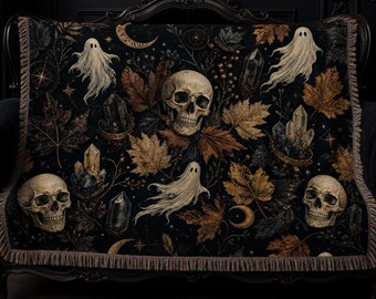 Manta gótica de Halloween, manta de cristal con calavera y fantasma, decoración otoñal de estilo Dark Academia, decoración otoñal de brujas para el hogar, regalo gótico espeluznante