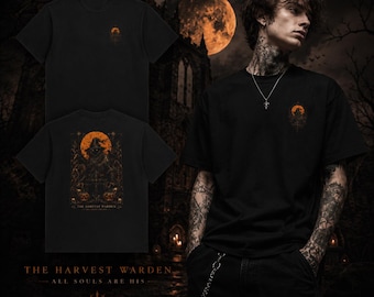 Camiseta Gótica Guardián de la Cosecha, Camisa Luna de Cosecha Oculta, Camiseta Folclore Oscuro, Moda Urbana de Terror Pagano